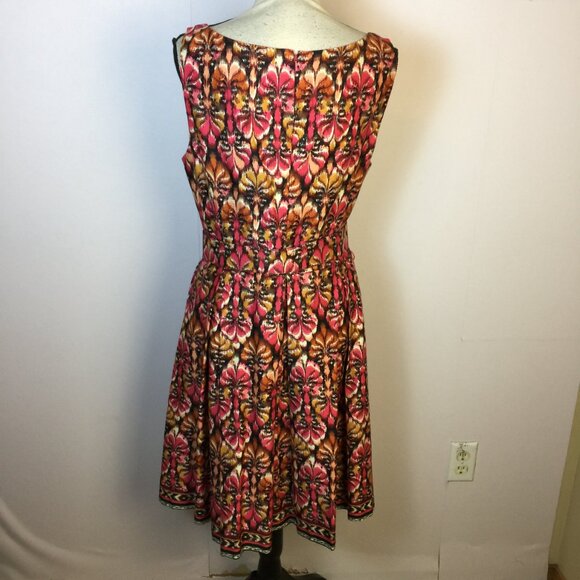 Muse Fit & Flare Dres Size 12 Woman Pink Yellow Abstract Sleeveless Belted Retro - Picture 3 of 14